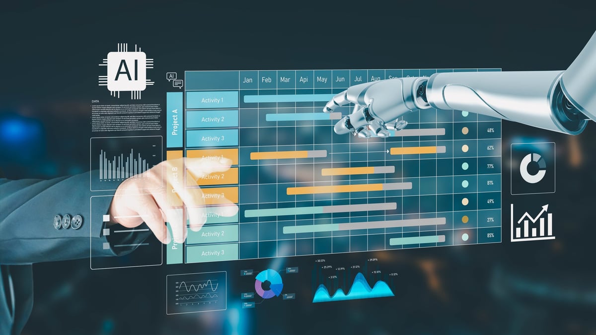Empresario colaborando con un asistente de inteligencia artificial sobre una interface de datos, símbolo de la digitalización de negocios